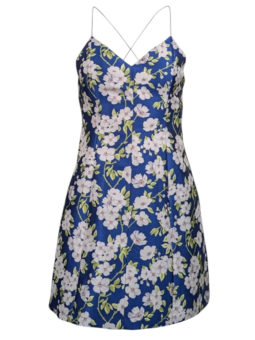 Alice & Olivia Tayla Structured Lantern Dress Blue Floral Jacquard Size 0
